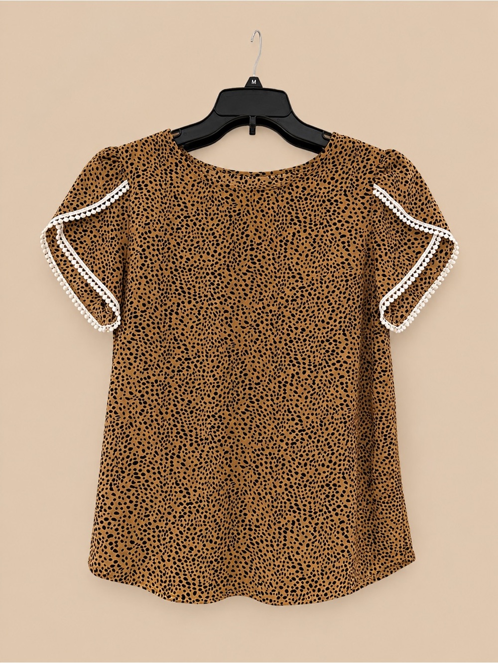 Women's Tan Leopard Print Short Sleeve Top with Pom Trim